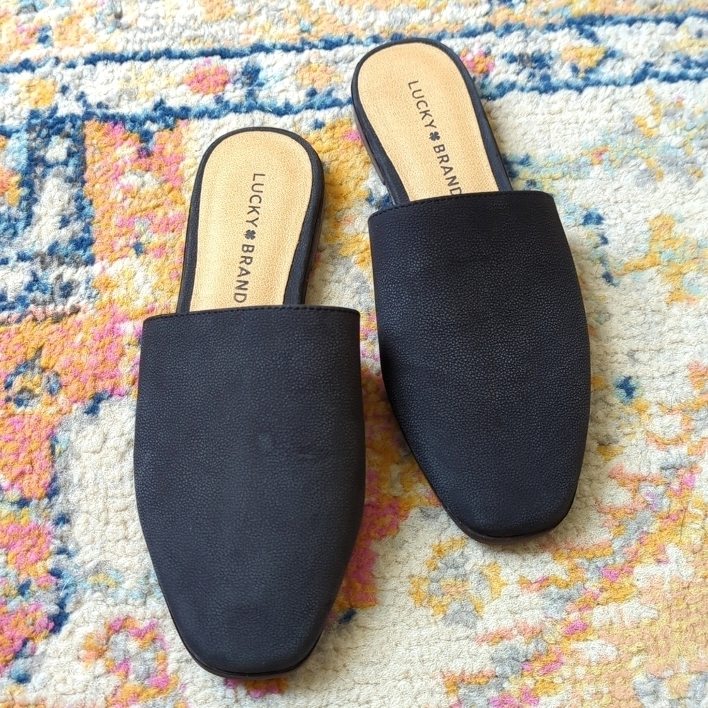 Lucky Brand Acasia Classic Pebbled Leather Slip On Open Back Flat Mules Black 6
